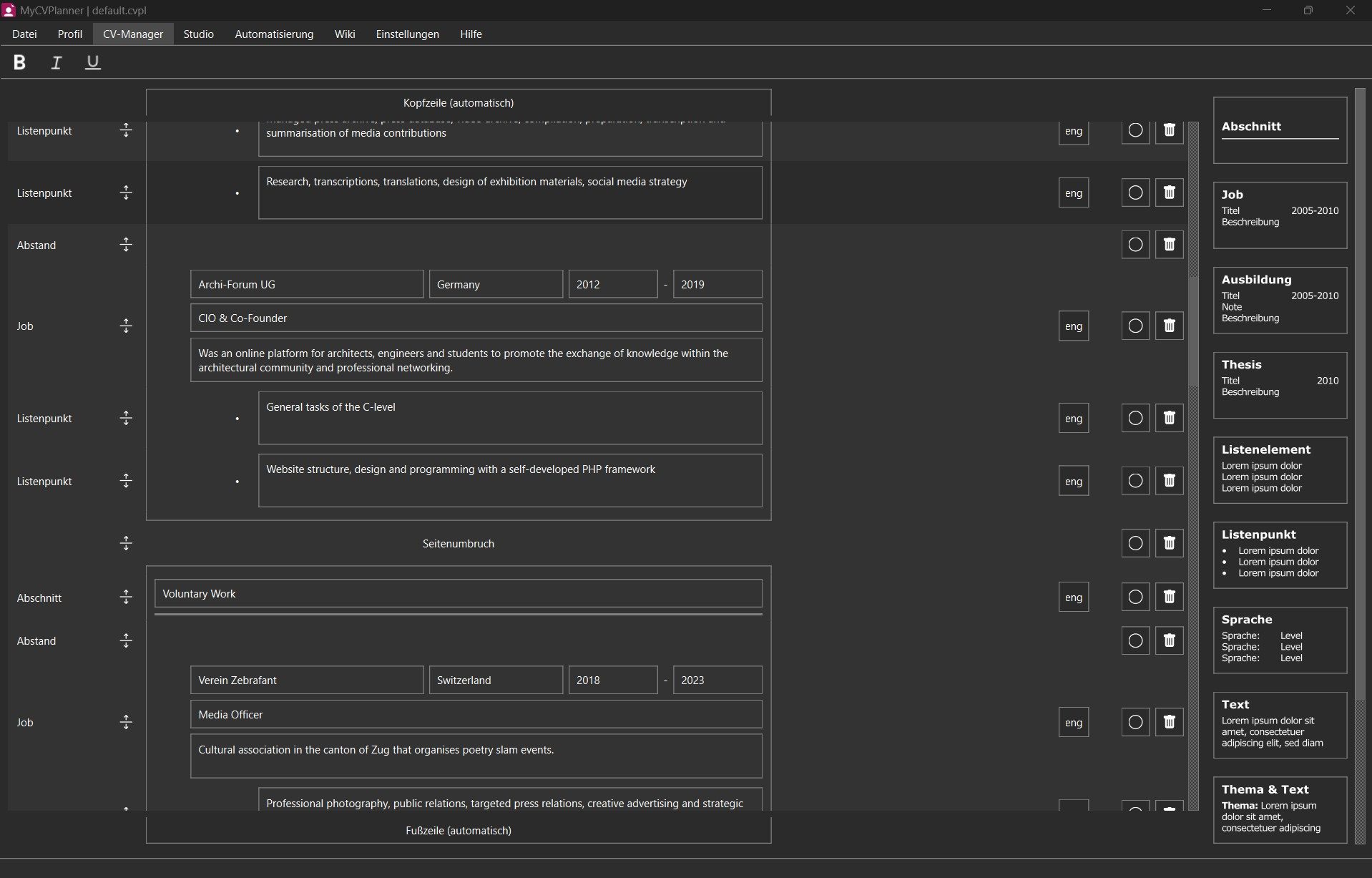 Step 2: Build profile content in MyCVPlanner